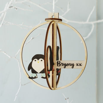 Skating Penguins Personalised 3D Wooden Bauble, 2 of 2