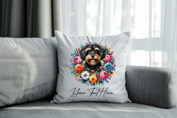 Personalised Jackapoo Summer Floral Dog Wreath Cushion And Mug Gift Bundle, 4 of 4