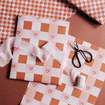 Terracotta Check Gift Wrap Set – Classic Checkerboard And Heart Designs For Romantic And Everyday Gifting, 3 of 6