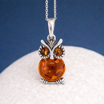 Personalised Sterling Silver Baltic Amber Owl Pendant Necklace, 3 of 8
