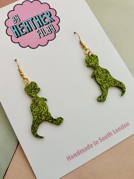 Green T Rex Dinosaur Glitter Resin Earrings / Dinosaur Lover Gift / Prehistoric Statement Jewellery / Cute Accessories, 4 of 5