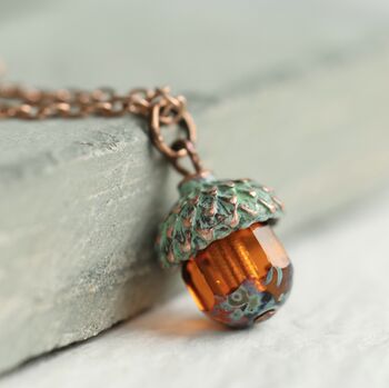 Verdigris Amber Acorn Necklace, 3 of 10