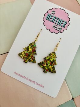 Green And Red Christmas Tree Glitter Resin Earrings / Traditional Holiday Jewellery / Christmas Gift / Secret Santa Gift, 5 of 10