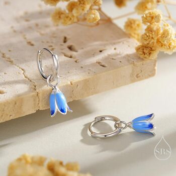 Sterling Silver Enamel Bluebell Flower Huggie Hoop Earrings, 6 of 10