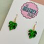Green Glitter Monstera Leaf Resin Earrings / Crazy Plant Lady Gift / Tropical Leaf Statement Earrings, thumbnail 4 of 5