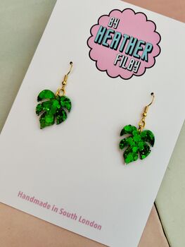 Green Glitter Monstera Leaf Resin Earrings / Crazy Plant Lady Gift / Tropical Leaf Statement Earrings, 4 of 5