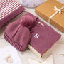 Luxury Dusky Rose Bobble Hat And Cardigan Baby Gift Box, thumbnail 7 of 12