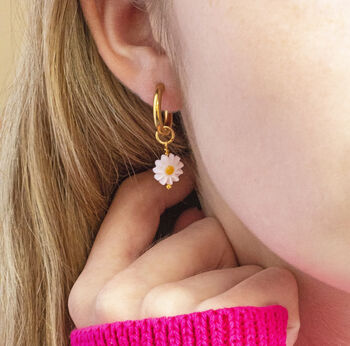Daisy Charm Huggie Hoop Earrings, 6 of 10