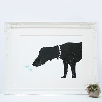 Intrigue Black Dog And Butterfly Screen Print, 2 of 3