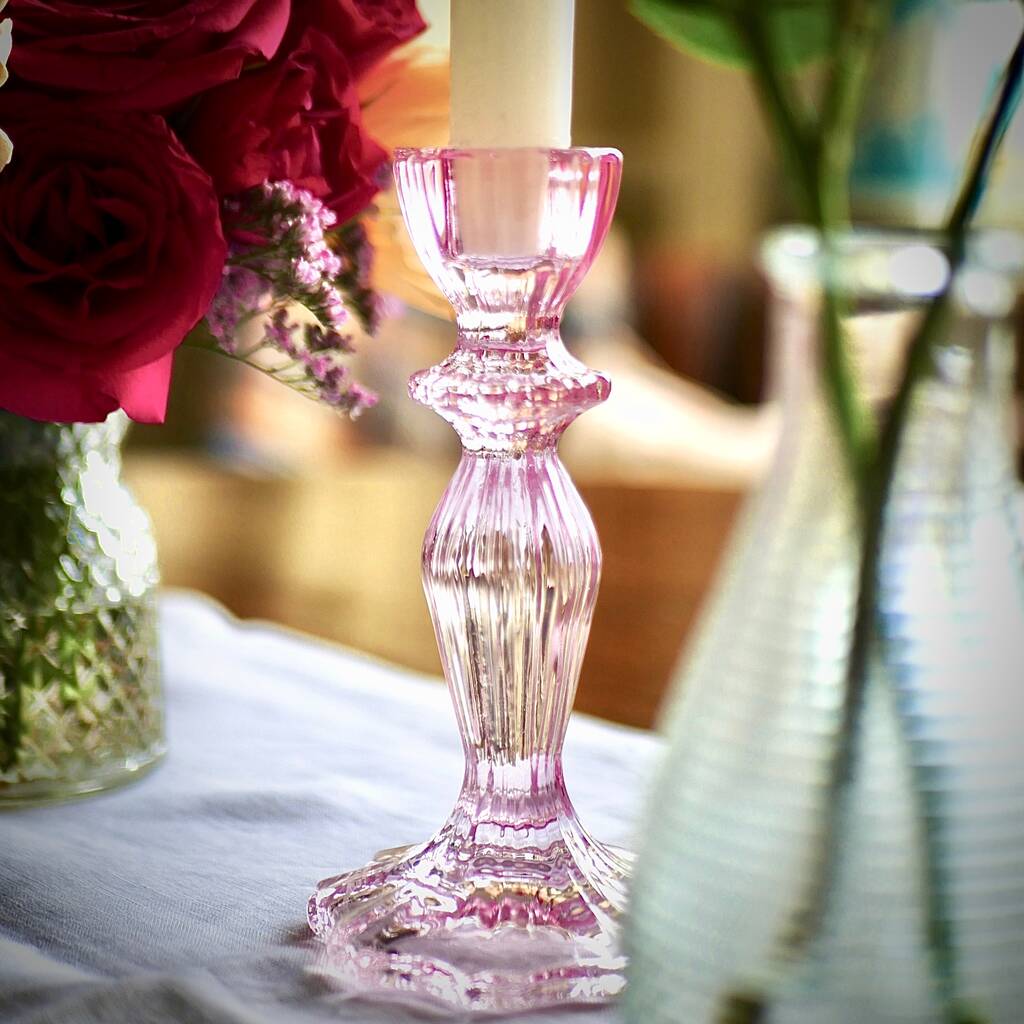 Elegance Pink Glass Candlesticks Pair By Dress For Dinner