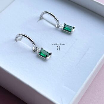 Emerald Charm Earrings In Silver And Gold On Bamboo Hoops, 2 of 7