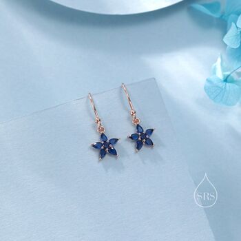 Sterling Silver Sapphire Blue Cz Flower Drop Dangle Earrings, 7 of 11