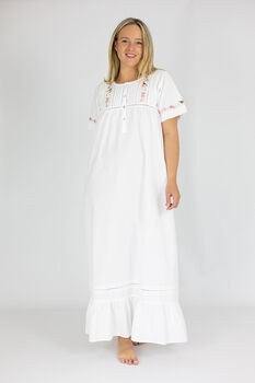 Women's White Cotton Bird And Flower Embroidered Nightdress, 3 of 7