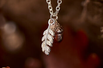 Rose Gold Acorn And Sterling Silver Leaf Necklace, 3 of 4