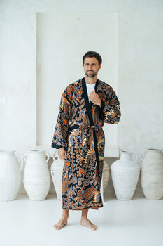 Navy Men's Full Length Batik Kimono Robe, 2 of 6