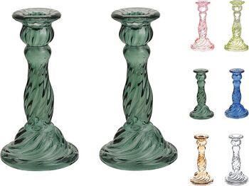 Two Tall Glass Candle Colored Taper Candlestick Holder, 4 of 6
