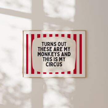 Turns Out These Are My Monkeys Landscape Wall Print | Red And Cream Stripe, 2 of 3