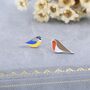 Mismatched Robin And Blue Tit Bird Stud Earrings In Sterling Silver, thumbnail 1 of 12