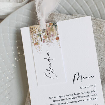Whimsical Autumn Wedding Menu Cards With Guest Name Tags And Ribbon, 2 of 7
