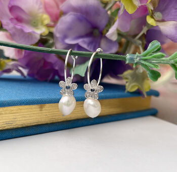 Sterling Silver Flower And Pearl Drop Hoop Earrings, 8 of 10