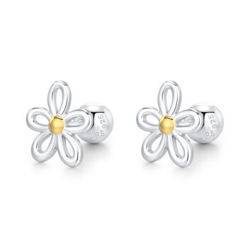 Sterling Silver Two Tone Daisy 18 G Screw Back Earrings, 6 of 10