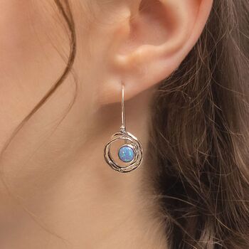 Sterling Silver Blue Opal Halo Drop Earrings, 2 of 6