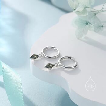 Very Tiny Rhombus Olive Green Cz Huggie Hoop In Sterling Silver, 3 of 12