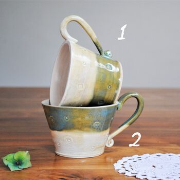 Stoneware Handmade Mug Green And Cream Stripe, 7 of 9