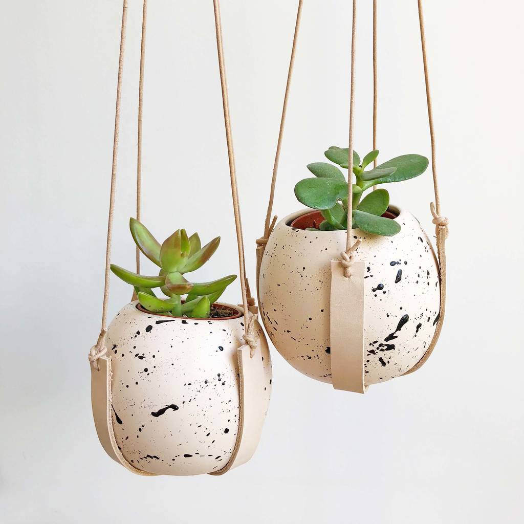 Round Splatter Plant Pot With Leather Hanging Sling, 1 of 2