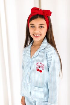 Blue Gingham Embroidered Personalised Cherry Pyjamas, 3 of 6