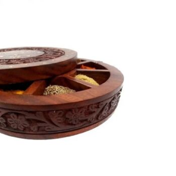 Wooden Handicraft Round Brass Embossed Spice Box, 2 of 4