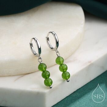 Sterling Silver Genuine Jasper Jade Stone Trio Huggie Hoop Earrings, 2 of 12