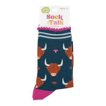 Highland Cow Autumn Leaves Toadstools Bamboo Ankle Socks Women's Green, 4 of 4