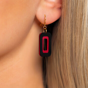 Black And Red Rectangle Earrings • Gold Plated Sterling Silver Hooks, 2 of 8