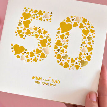 Personalised Love Hearts Gold 50th Anniversary Card, 7 of 9