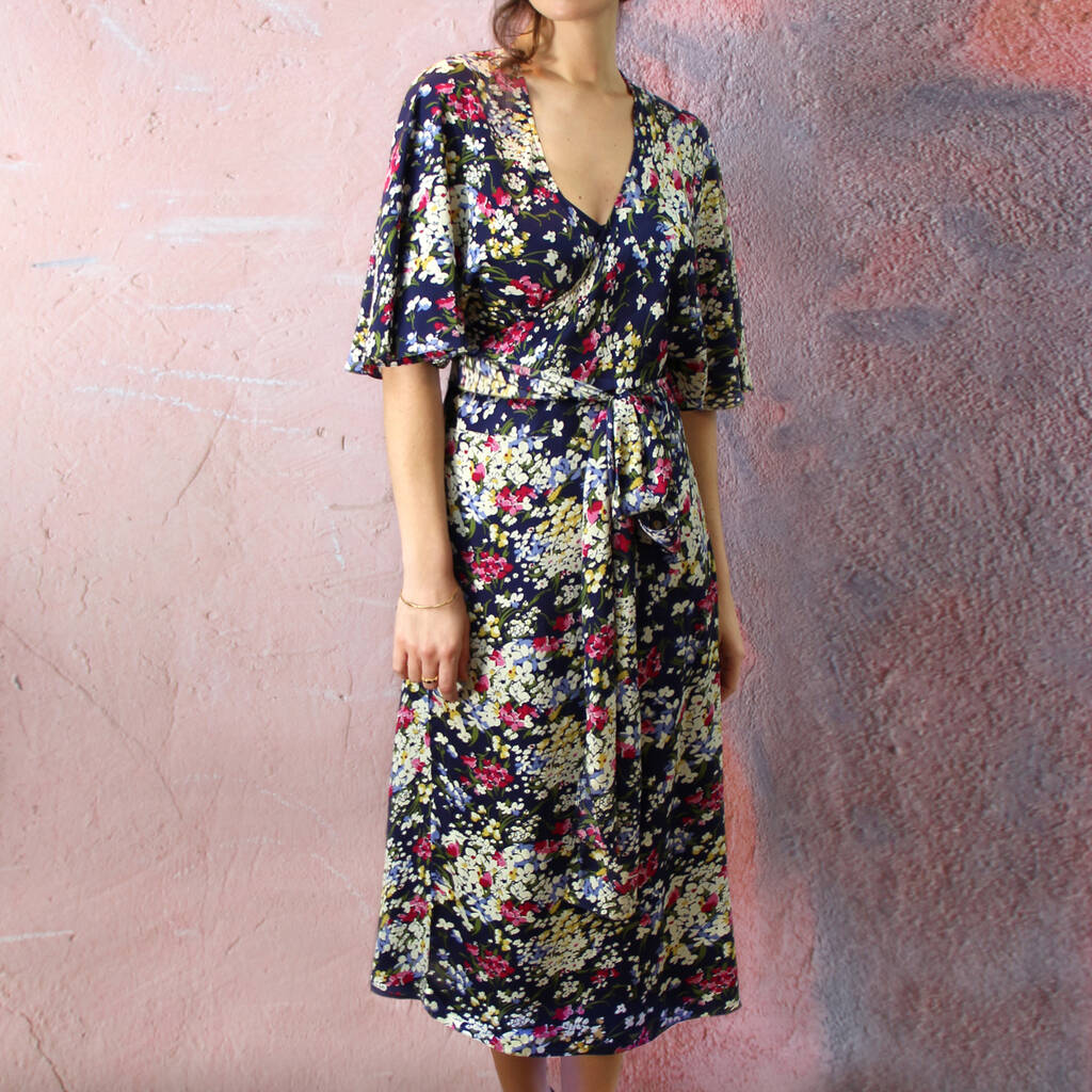 Wrap Dress In Blue And Pink 1940's Floral Print Crepe By Nancy Mac