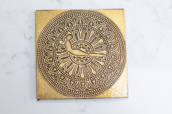 Yoga Themed Coaster Set, Wood And Brass, 12 of 12