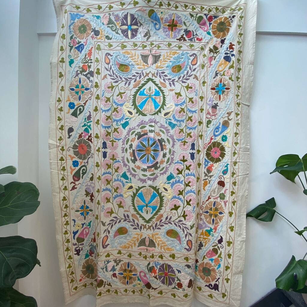 Pastel Suzani Hand Embroidered Throw Bed Spread, 1 of 4