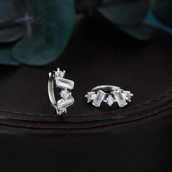 Baguette Cz Cluster Huggie Hoop In Sterling Silver, 8 of 12