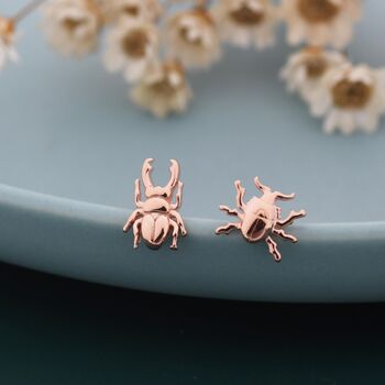 Sterling Silver Tiny Mismatched Stag Beetle Stud Earrings, 4 of 12