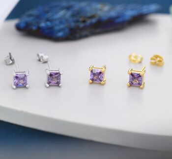 Princess Cut Amethyst Purple Stud Earrings, 8 of 12
