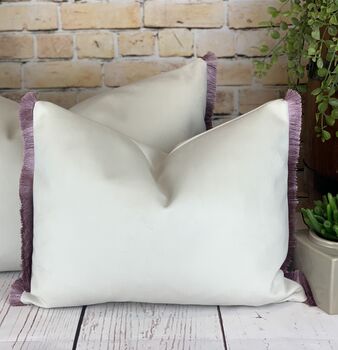 Velvet Optic White With Lilac Pink Fringe Cushion, 7 of 10