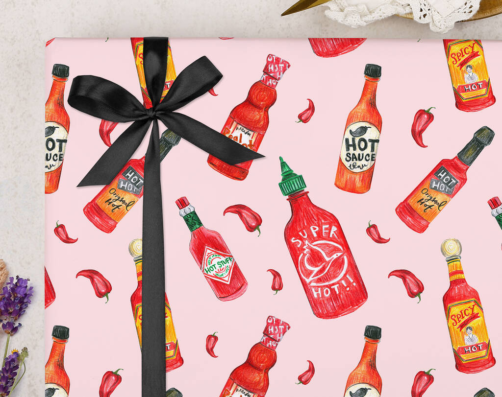 Valentine Wrapping Paper With Pink Hot Sauce Design, Three Sheet Pack, 1 of 3