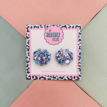 Sea Shell Glitter Resin Stud Earrings Pink, Blue And Coral, 5 of 12