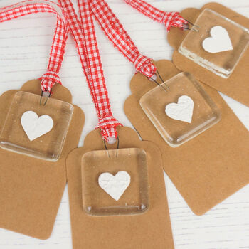 Pack Of Four Handmade Clear Glass Heart Gift Tags, 4 of 5