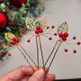 Red Berry And Gold Leaf Christmas Hair Pin Set – 3pcs, thumbnail 1 of 12