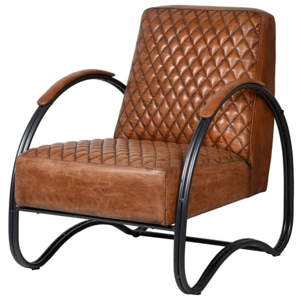 Art Deco Tan Leather Diamond Stitched Armchair, 1 of 2