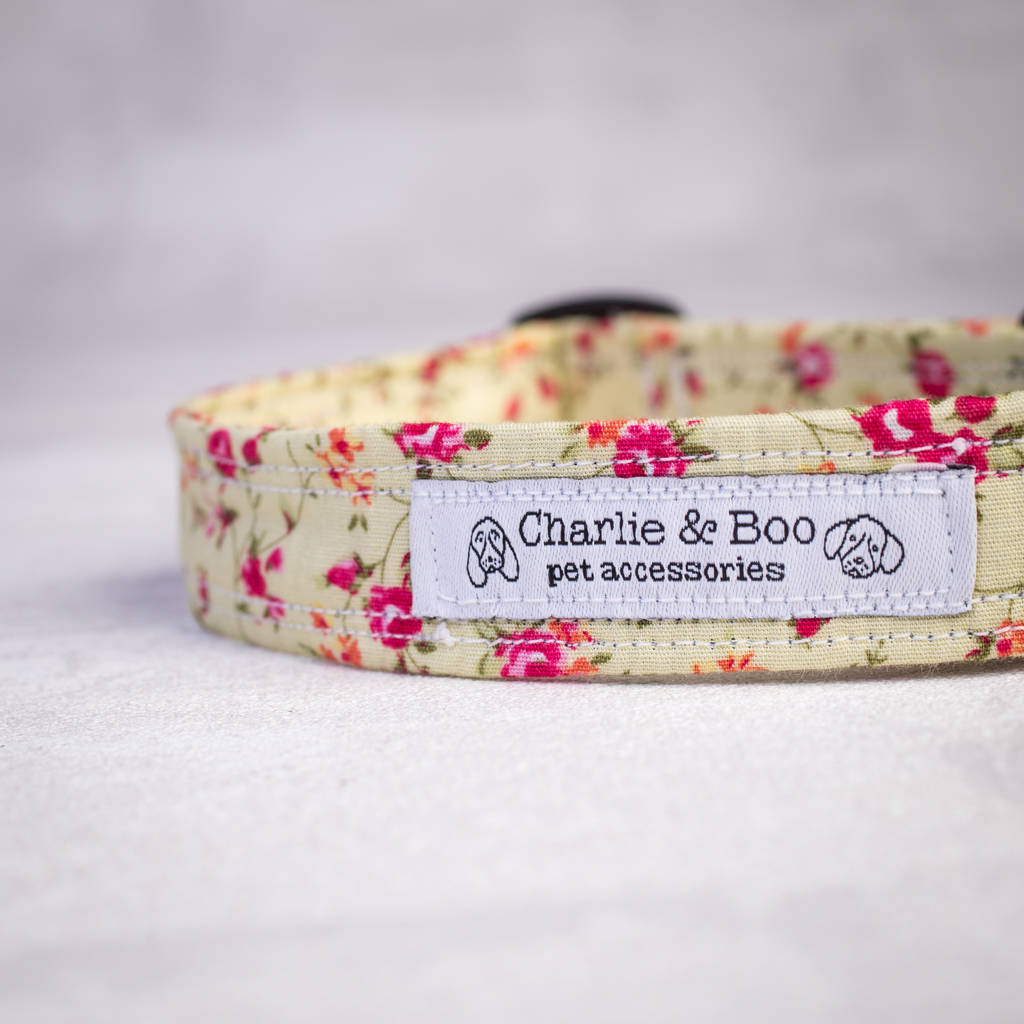 pink floral dog collar and lead for girl or boy dogs by charlie and boo