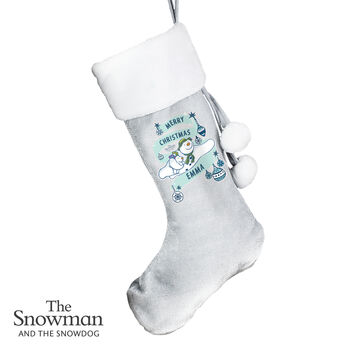 Personalised The Snowman And The Snowdog Luxury Silver Grey Christmas Stocking, 4 of 4