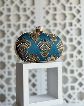 Valeria Teal Embroidered Embellished Oval Clutch Bag, 7 of 8